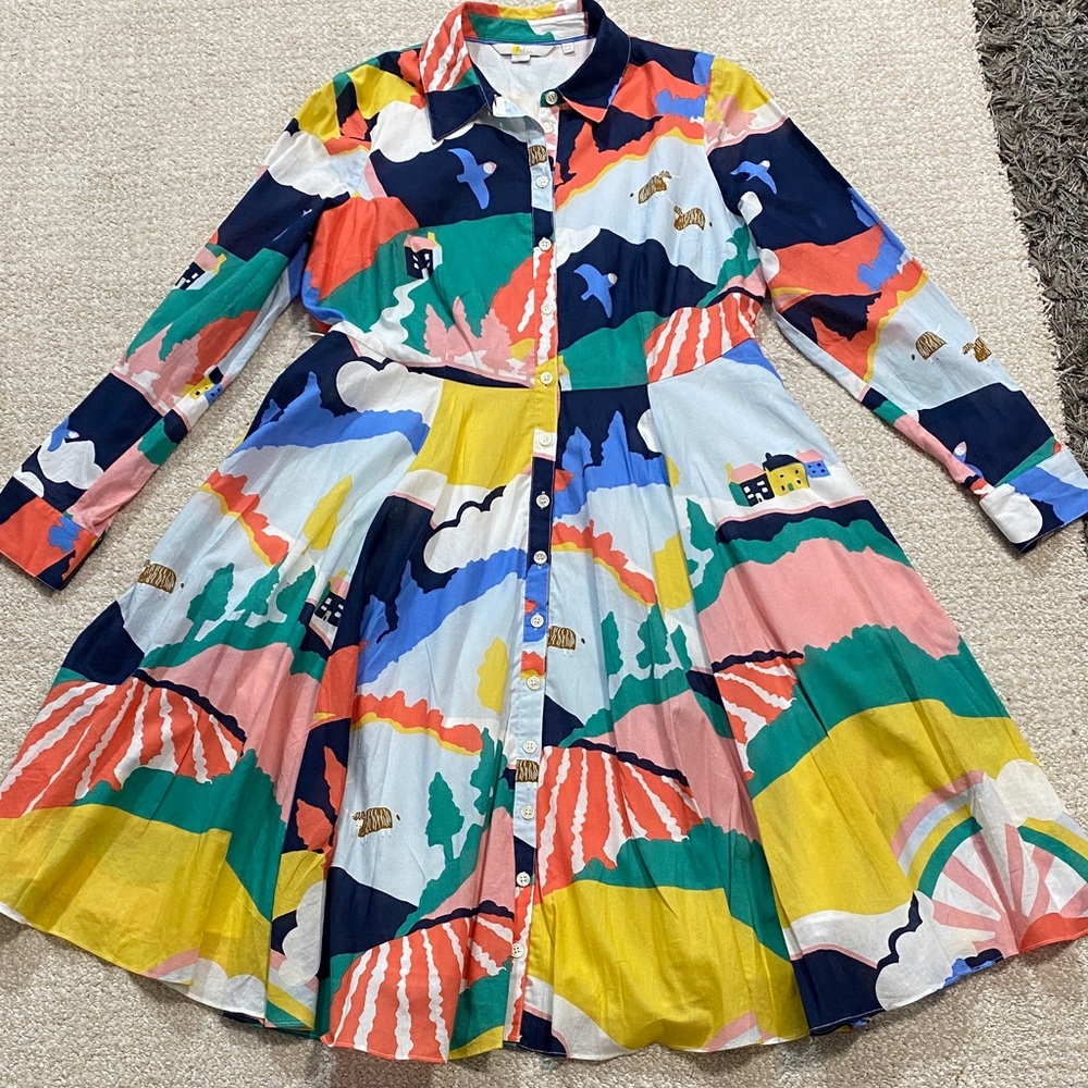 Boden Multicolor Abstract Long Sleeve Dress Size 8P 100% Cotton - Picture 16 of 16